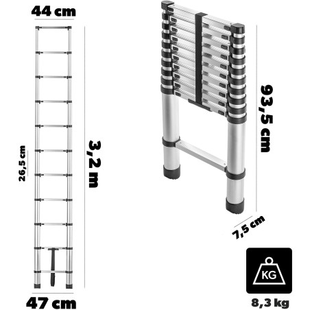 KADAX Aluminium-Teleskopleiter HOME 3,2 m, 11 Sprossen