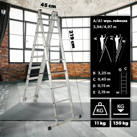 Kadax KADAX Aluminiumleiter 3x8, beidseitig nutzbar + Haken, 150 kg