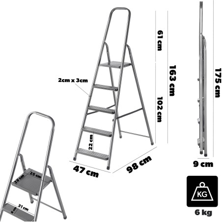 5-stufige Stahlleiter – Klappbare Haushaltsleiter, stabile Stufen, Tragkraft 125 kg