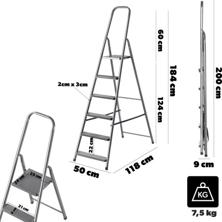 6-stufige Stahlleiter – Klappbare Haushaltsleiter, stabile Stufen, Tragkraft 125 kg