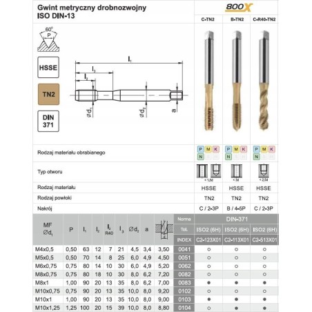 Fanar Gewindebohrer M10x1,25 DIN-371C R40 (6H) HSSE TIN 800X