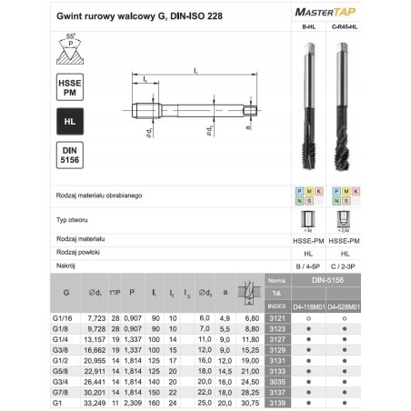 Gewindebohrer G 1/2" DIN-5156C R45 HSSE-PM HL MASTERTAP