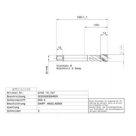 Maschinengewindebohrer für Sacklöcher GUHRING HSS-E 5732 G1/4 – 19 Umdrehungen