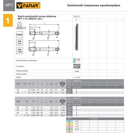 Fanar Gewindebohrer NPT 1"-11,5 DIN-374C HSSE 800