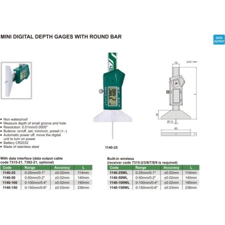 Insize TIEFENMESSER. DIGITAL. 0–50/0,01 mm MINI