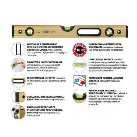 80 cm eloxierte Wasserwaage MAX LEVEL GOLD 90° 0° 45° mit Magnethalterung [EXPERT]