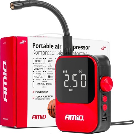 AMiO-Autokompressor – kabelloser Autokompressor, elektrische Fahrradpumpe, Powerbank 40 W, Acomp-20, AMIO-03690