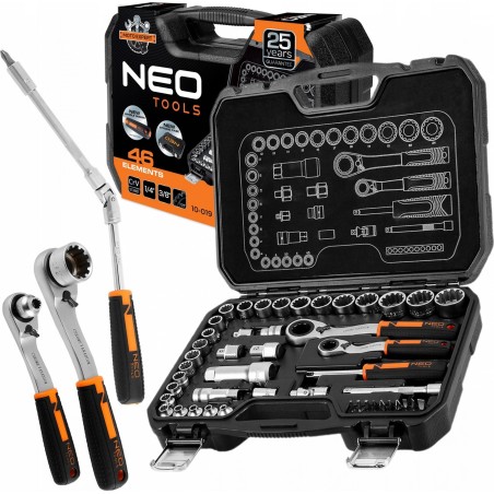 Neo Durchsteck-Steckschlüsseleinsatz-Set 1/4" + 3/8", 46-teilig