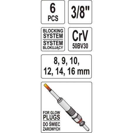 Yato Glühkerzenschlüssel 8–16 mm, 3/8", 6-teilig, CrV YT-0534