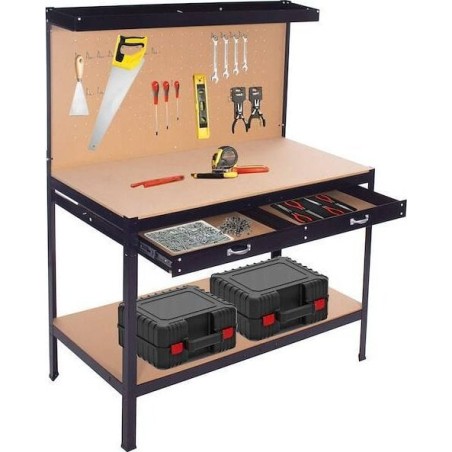 Springos Werkstatttisch für die Garage 120 x 60 x 155 cm mit Arbeitsplatte und Schublade, schwarz-braun, UNIVERSELL