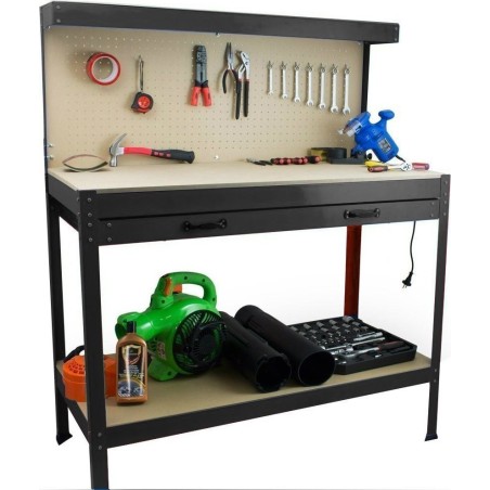 Bituxx Werkstatttisch mit großer Arbeitsplatte und Wandleiste mit Haken