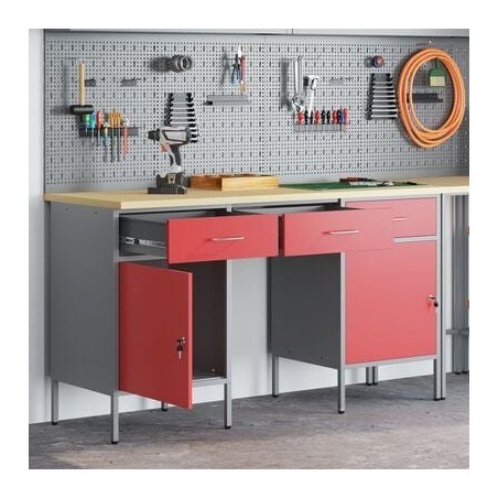 3-teiliges Arbeitszimmer-Set von vidaXL: Rote Schränke und ein Tisch aus Verbundholz und Stahl