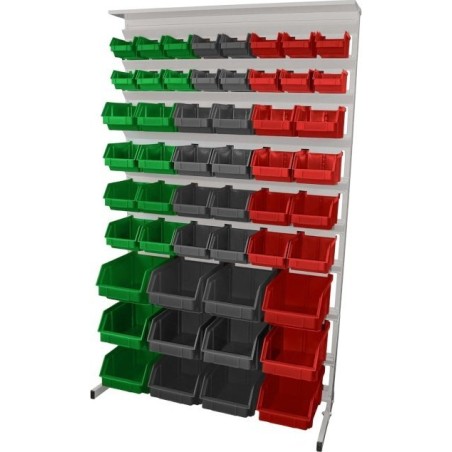 Leomar Regal für Werkstattbehälter, einseitig. Maße: 1560 x 940 x 400 mm, mit Ablage für 52 Behälter, grün, grau, rot