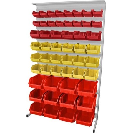 Leomar Regal für Werkstattbehälter, einseitig. Maße: 1560 x 940 x 400 mm, mit Ablage für 52 Behälter, rot, gelb