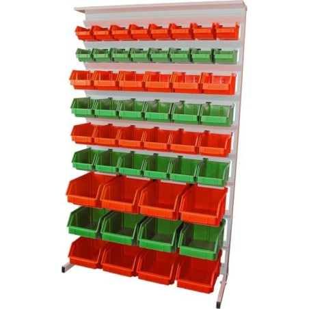 Leomar Regal für Werkstattbehälter, einseitig. Maße: 1560 x 940 x 400 mm, mit einer Ablage für 52 Behälter, grün, rot