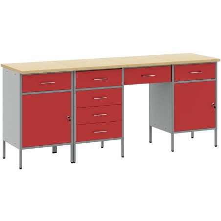 vidaXL 4-teiliges Set aus Arbeitsschränken und Tisch, rot, aus Verbundholz und Stahl