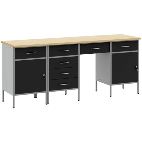 vidaXL 4-teiliges Set aus Arbeitsschränken und Tisch, schwarz, aus Verbundholz und Stahl