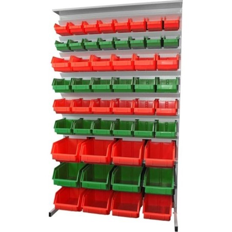 Leomar Regal für Werkstattbehälter, doppelseitig, Maße 1690 x 940 x 650 mm, mit Ablage, 104 Behälter, grün und rot