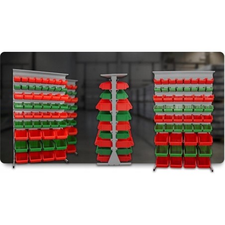 Leomar Regal für Werkstattbehälter, doppelseitig, Maße 1690 x 940 x 650 mm, mit Ablage, 104 Behälter, grün und rot