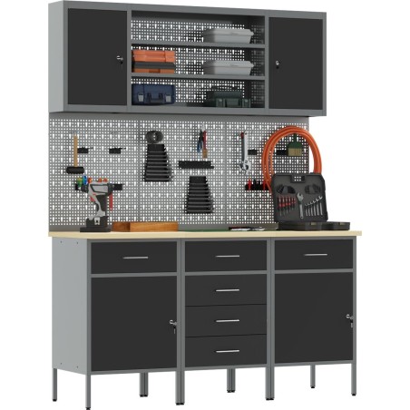 vidaXL Set mit 5 großen, höhenverstellbaren Arbeitsschränken aus schwarzem Stahl