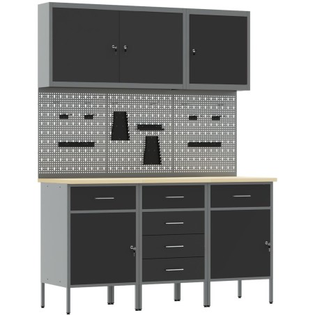 vidaXL Arbeitsschrank-Set mit Werkzeugtafel, 8-teilig, schwarz, MDF und Metall