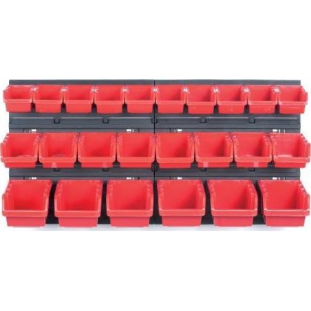 Prosperplast KISTENBERG Werkstatttafel mit Wannen, schwarz, 80 x 40 cm, 2 Stück + 24 Behälter NTBNP2, rot, KOR2-S411