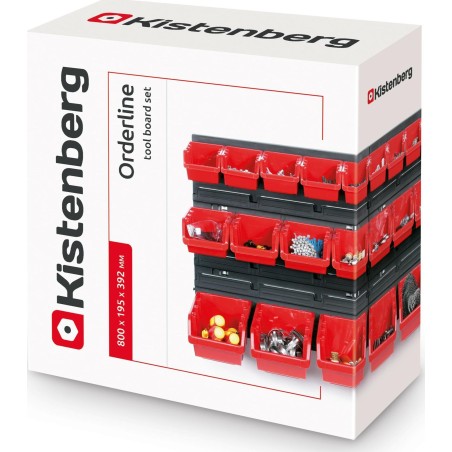 Prosperplast KISTENBERG Werkstatttafel mit Schalen, schwarz, 80 x 40 cm, 2 Stück + 28 Behälter NTBNP1, rot, KOR1-S411