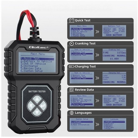 qoltec Digitaler Batterietester mit LCD-Display | 12 V | AGM | GEL | STD | 30–220 Ah