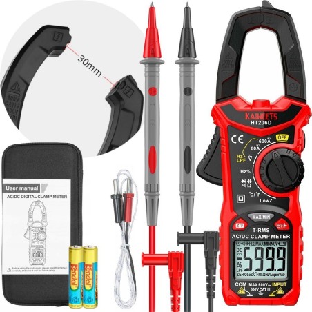 Multimeter, Zangenmessgerät, Thermoelement, LCD-Display, LED-Taschenlampe, Batterien, Etui