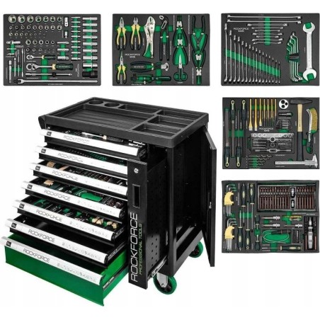 Rockforce-Werkzeugwagen: Werkzeugschrank mit 7 Schubladen + 274 Werkzeuge + seitliches Staufach