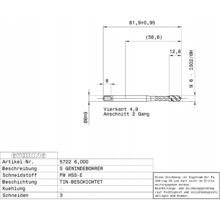 Gewindebohrer GUHRING HSS-E-PM TiN M6 x 1,0