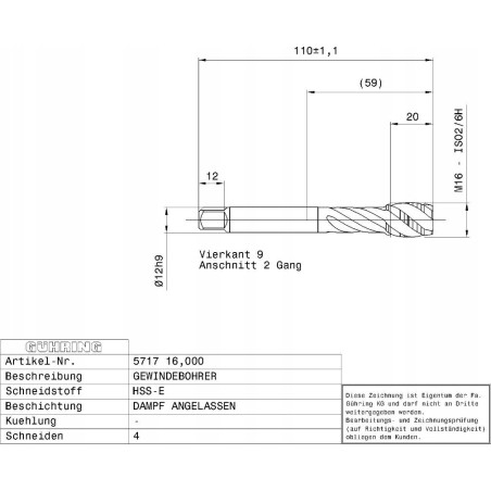 GUHRING-Gewindebohrer für Sacklöcher GUHRING HSS-E 5717 M16 x 2,0