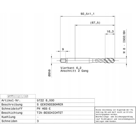 Gewindebohrer GUHRING HSS-E-PM TiN M8 x 1,25