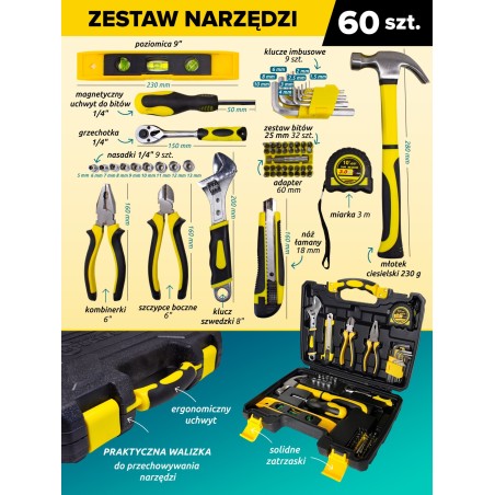 Forcekraft-Werkzeugset 60-teiliges Werkzeugset mit Steckschlüsseleinsätzen, Bits und Zangen