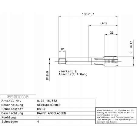 Gühring-Gewindebohrer für Durchgangsbohrungen GUHRING HSS-E 5731 G3/8 – 19 Umdrehungen