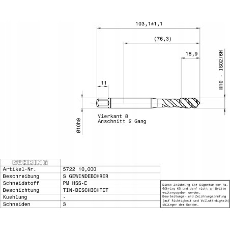 Gewindebohrer GUHRING HSS-E-PM TiN M10 x 1,5