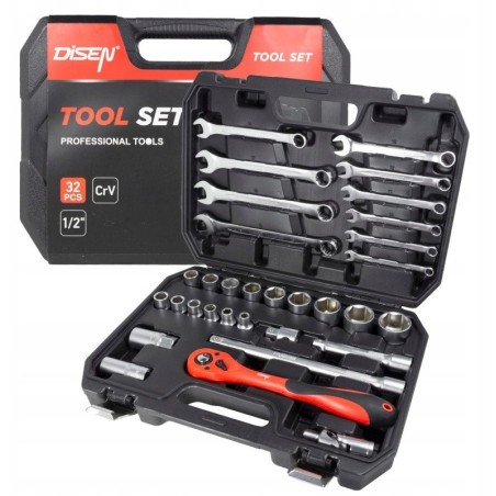 Werkzeugset mit Cr-V-Steckschlüsseleinsätzen 1/2" – 32-teilig