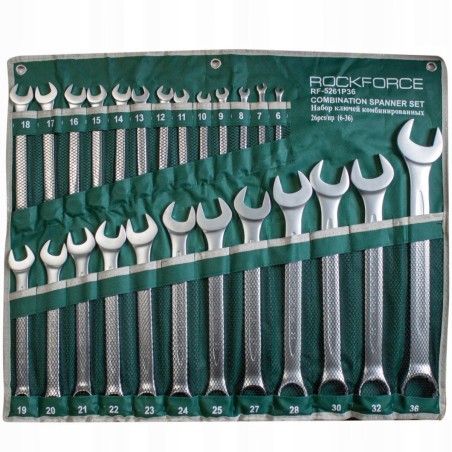 25-teiliger Ring-Maulschlüssel-Satz (6–25, 27, 28, 30, 32, 36 mm) auf einer Stoffrolle