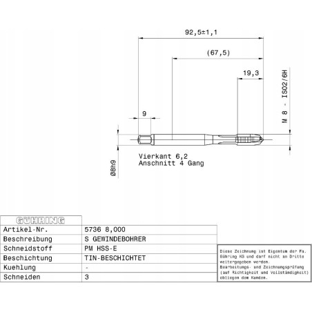 Gewindebohrer HSS-E-PM TiN GUHRING M20 x 2,5