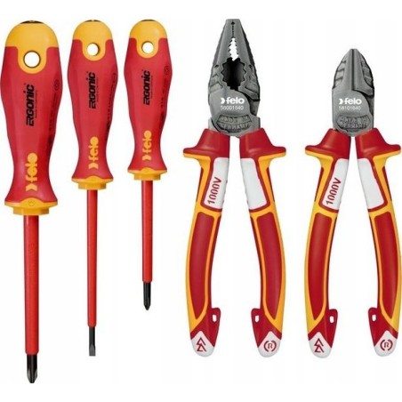Felo-Werkzeugset Set mit 3 FELO-Schraubendrehern – ERGONIC VDE 4,0/PH1/PH2 + VDE-Seitenschneider 160 / VDE-Zange 180 + Magnet