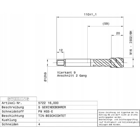 Gewindeschneidmaschine GUHRING HSS-E-PM TiN M16 x 2,0