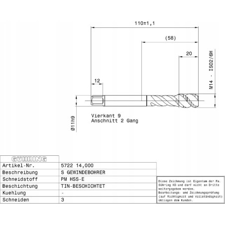 Gewindebohrer GUHRING HSS-E-PM TiN M14 x 2,0