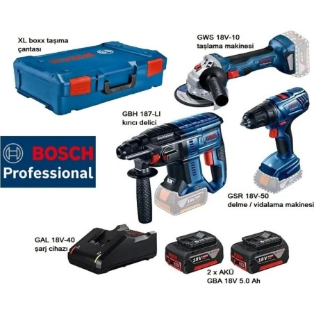 Bosch-Werkzeugset BOSCH COMBO-SET 18 V (GSB 18V-50 + GWS 18V-10 + GBH 187-LI) 2x5,0 Ah + XL-BOXX