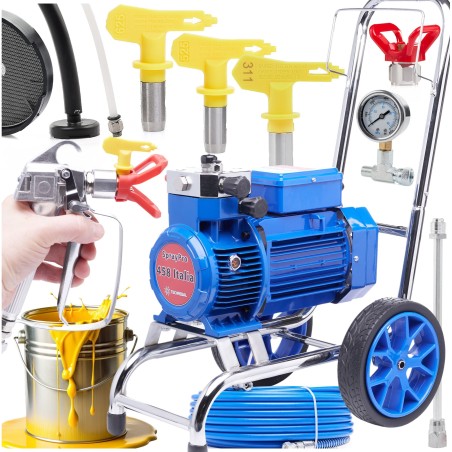 Großes, leistungsstarkes Farbspritzgerät, 4500 W, 28 l/min, 15 m Schlauch, 3 Düsen, Lanze, Edelstahlrahmen