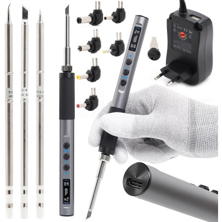 Programmierbarer Präzisions-Lötkolben mit USB-C-Anschluss und OLED-Display T12, 65 W, 3 Lötspitzen