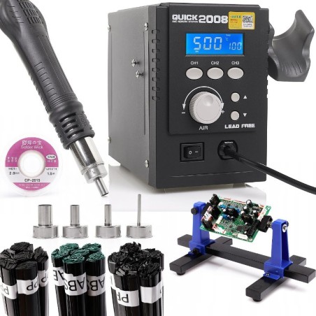 Set: Heißluft-Lötstation Quick 2008 + Leiterplattenhalter + verschiedene Lötmittel