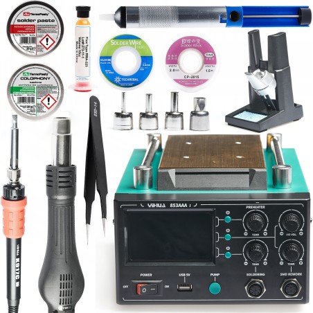 Set: 3-in-1-Lötstation Yihua 853AAA-I, Zinn, Flussmittel, Paste, Zubehör