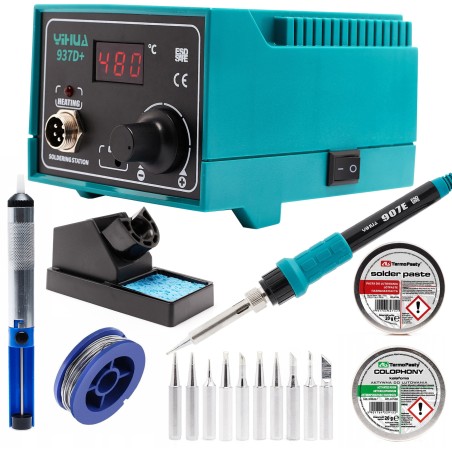 Set: Lötstation Yihua 937D+ Kolophonium, Lötpaste, Zinn, Absaugvorrichtung, 10 Lötspitzen