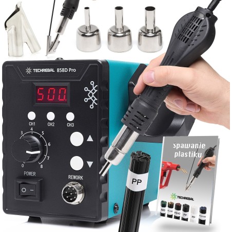 Kunststoffschweißgerät und Heißluftlötkolben Techrebal 858D Pro mit Schuhdüse und 3 Speicherplätzen