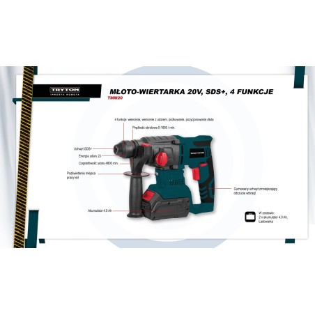 Tryton-Bohrhammer 20 V, SDS+, 4 Funktionen, 2-teilig, 2 x 4 Ah Akku